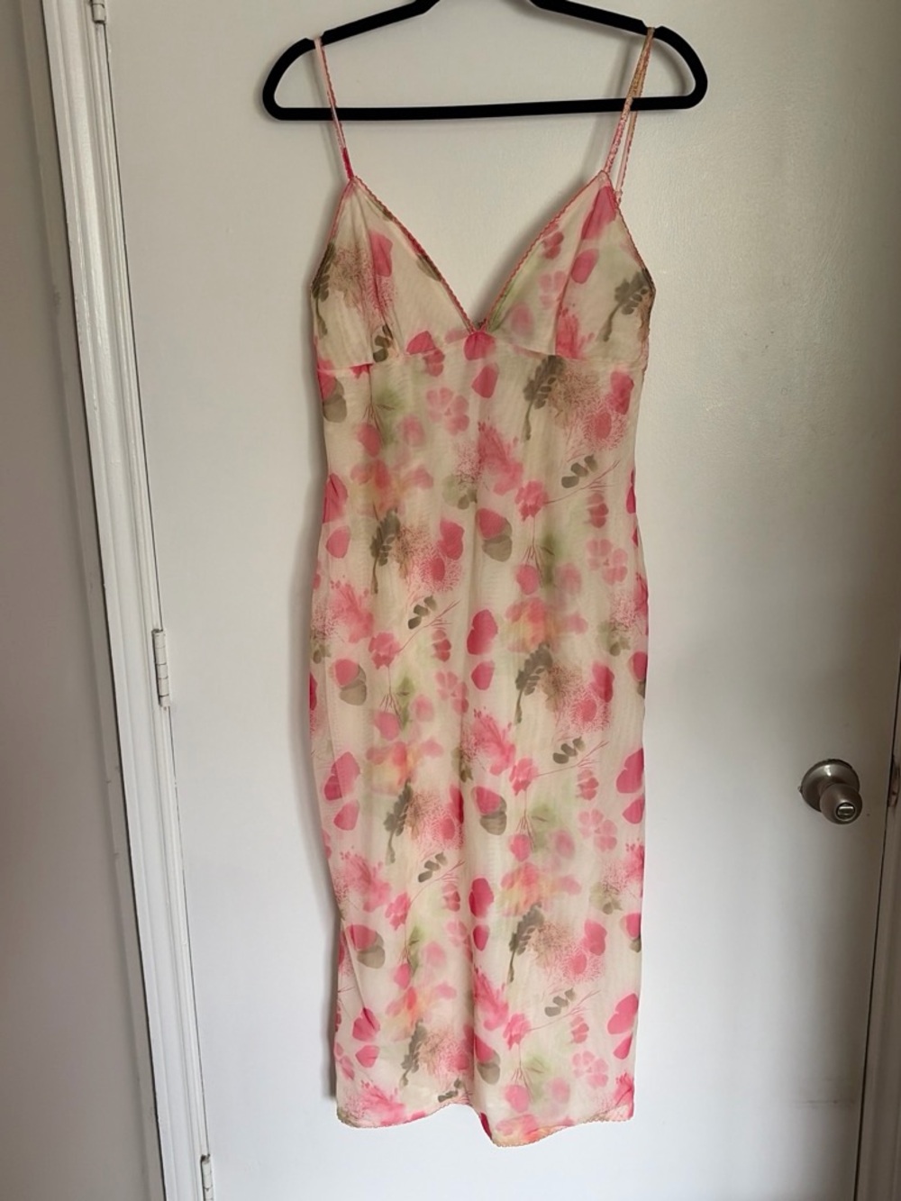 Pink Floral Midi Slip Dress with Delicate Straps